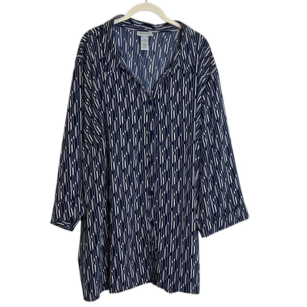 Catherines Womens Blouse 4X Navy White Geometric Button Front Tunic 3/4 Sleeve